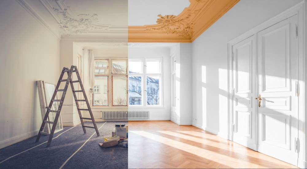 renovation concept – room before and after renovation Chantier avant/après